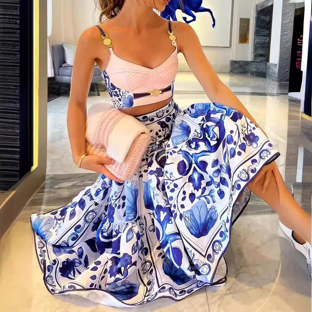 Printed Suspender Skirt Set