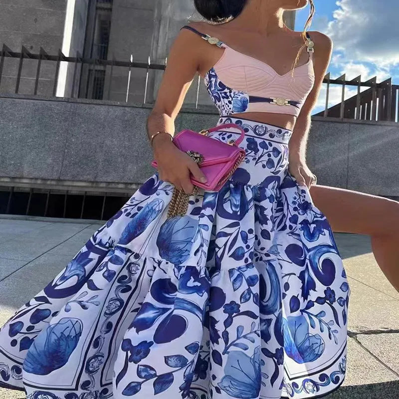 Printed Suspender Skirt Set