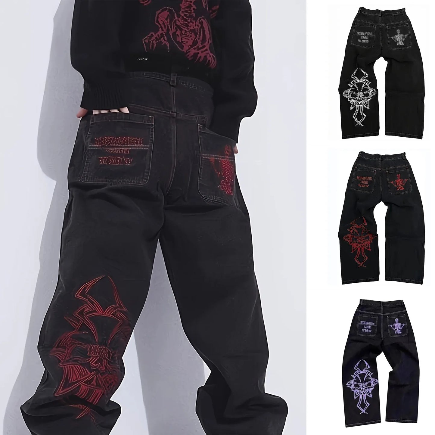 Embroidered Wide-Leg Street Pants