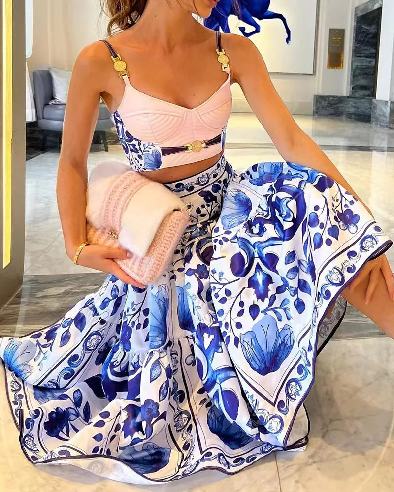 Printed Suspender Skirt Set