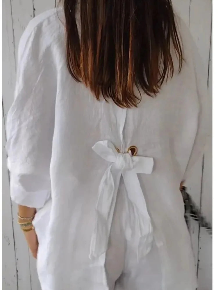Elegant Cotton Linen Bow-Back Shirt