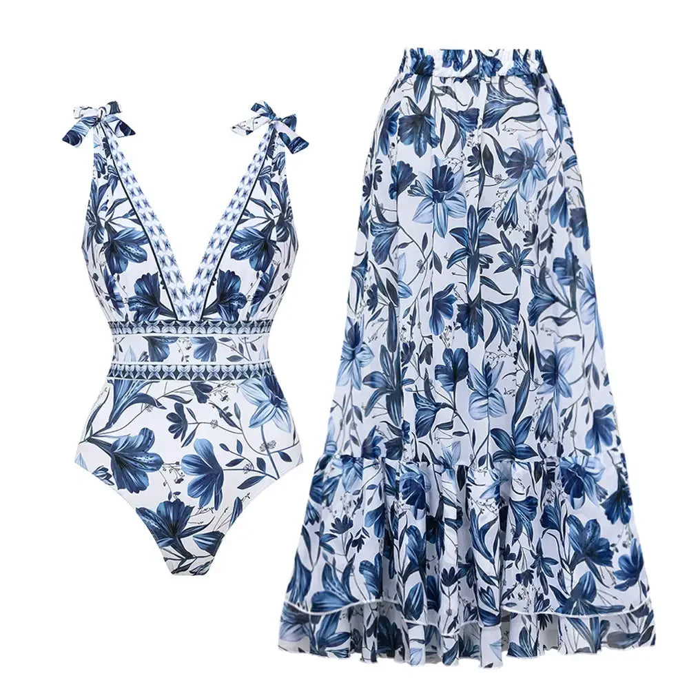 Aurelia™ V-Neck Printed Swimsuit & Skirt Set