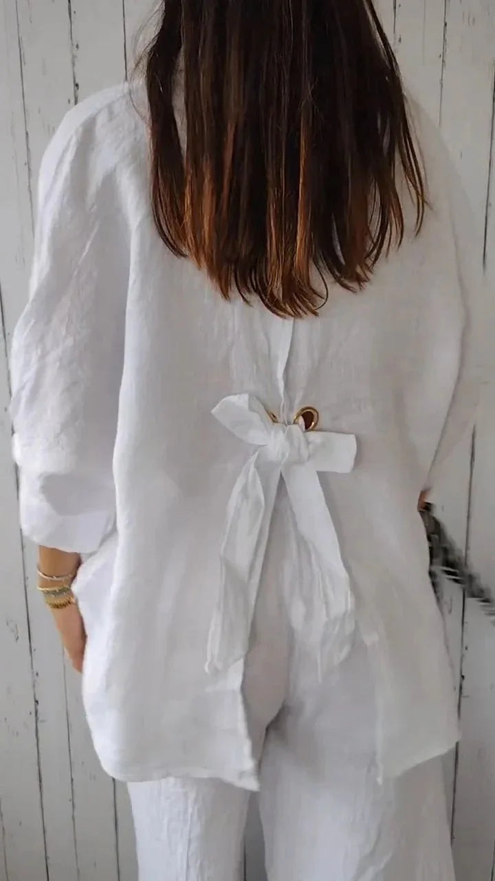 Elegant Cotton Linen Bow-Back Shirt