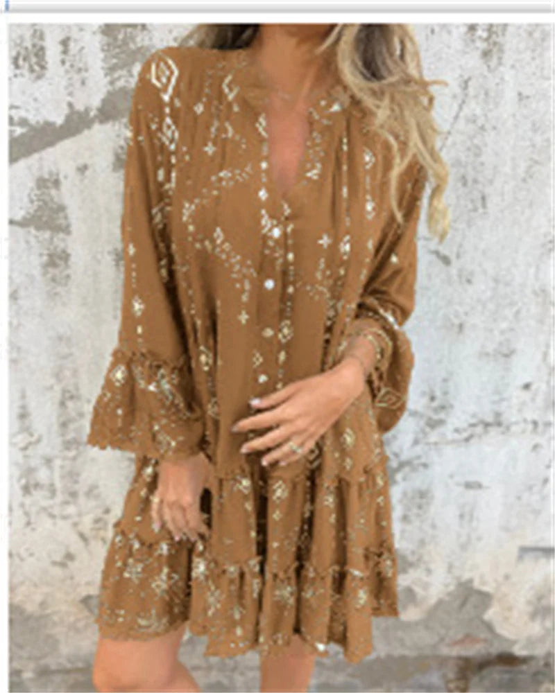 Golden Grace™ – Elegant Lace Sleeve Dress