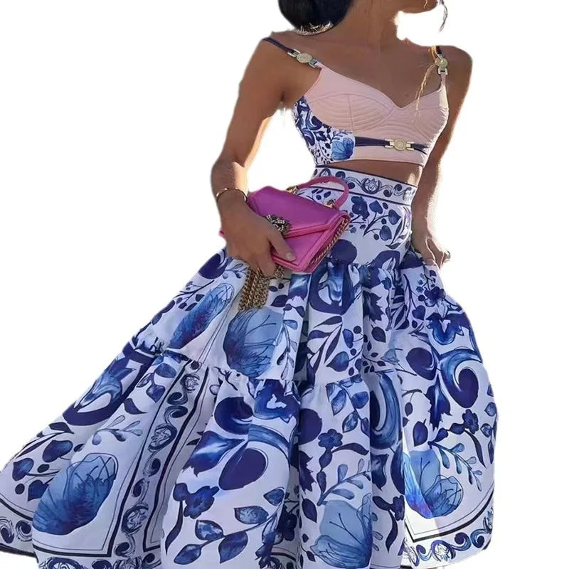 Printed Suspender Skirt Set