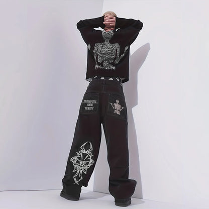Embroidered Wide-Leg Street Pants