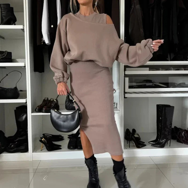 Chic Winter Elegance: Skew Collar Sweatshirt & Dress Set