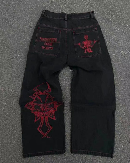 Embroidered Wide-Leg Street Pants