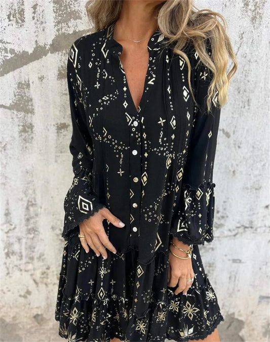 Golden Grace™ – Elegant Lace Sleeve Dress