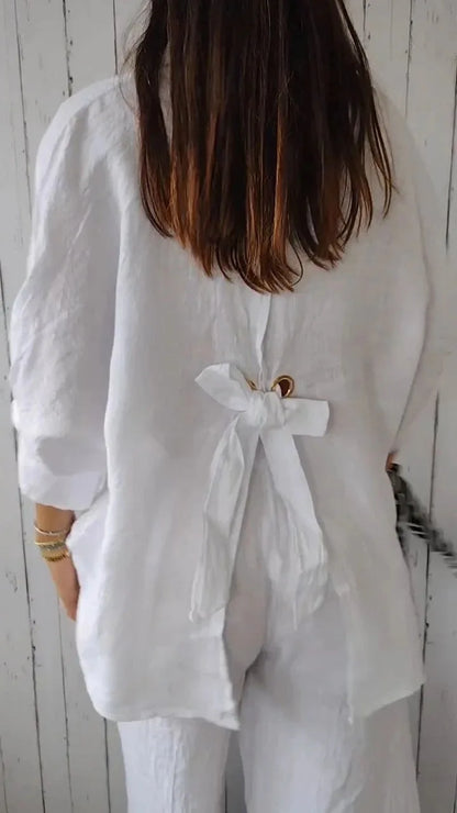 Elegant Cotton Linen Bow-Back Shirt
