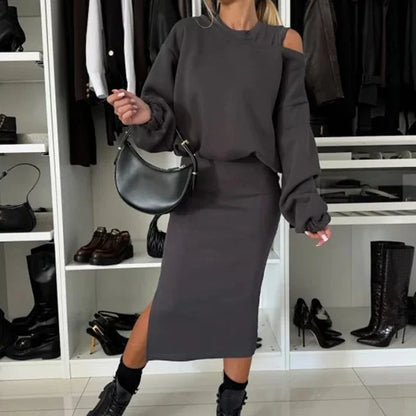 Chic Winter Elegance: Skew Collar Sweatshirt & Dress Set
