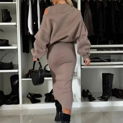 Chic Winter Elegance: Skew Collar Sweatshirt & Dress Set